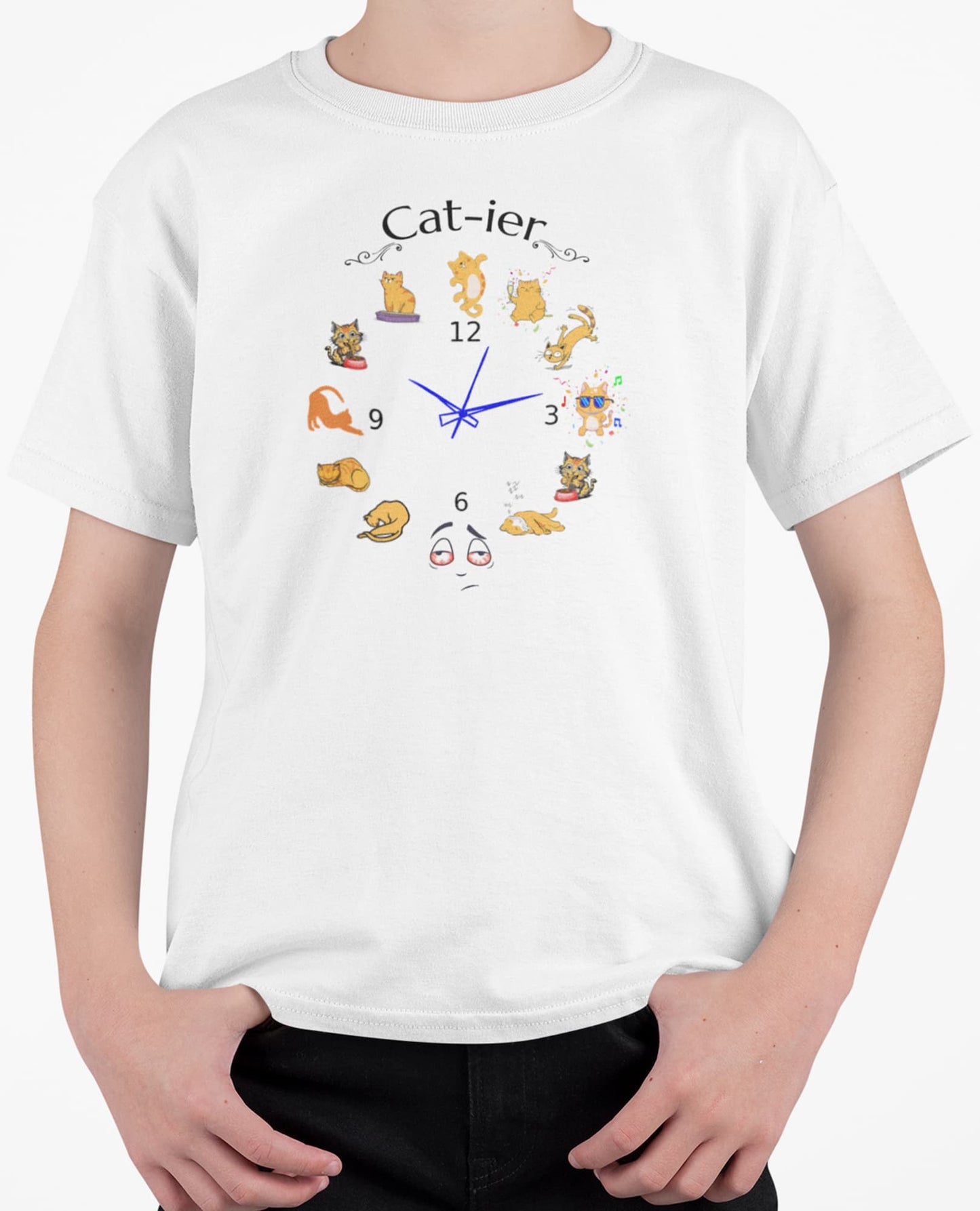 Close-up of Cat-ier Funny Cat Watch Parody T-Shirt β parody cat watch graphic showing feline nightlife routine.