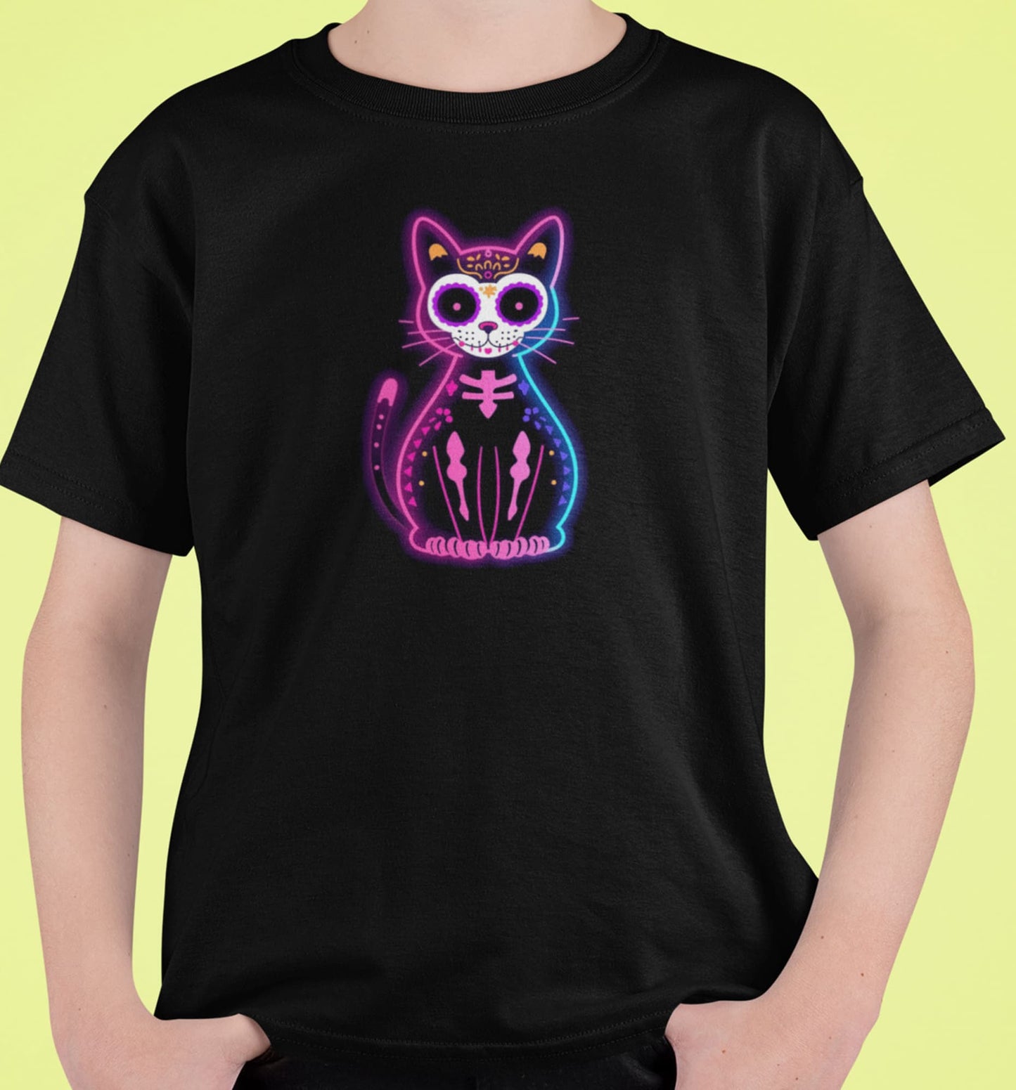 Close-up of Muertos Neon T-Shirt – abstract cat graphic with rounded lines and vibrant neon retrowave tones.
