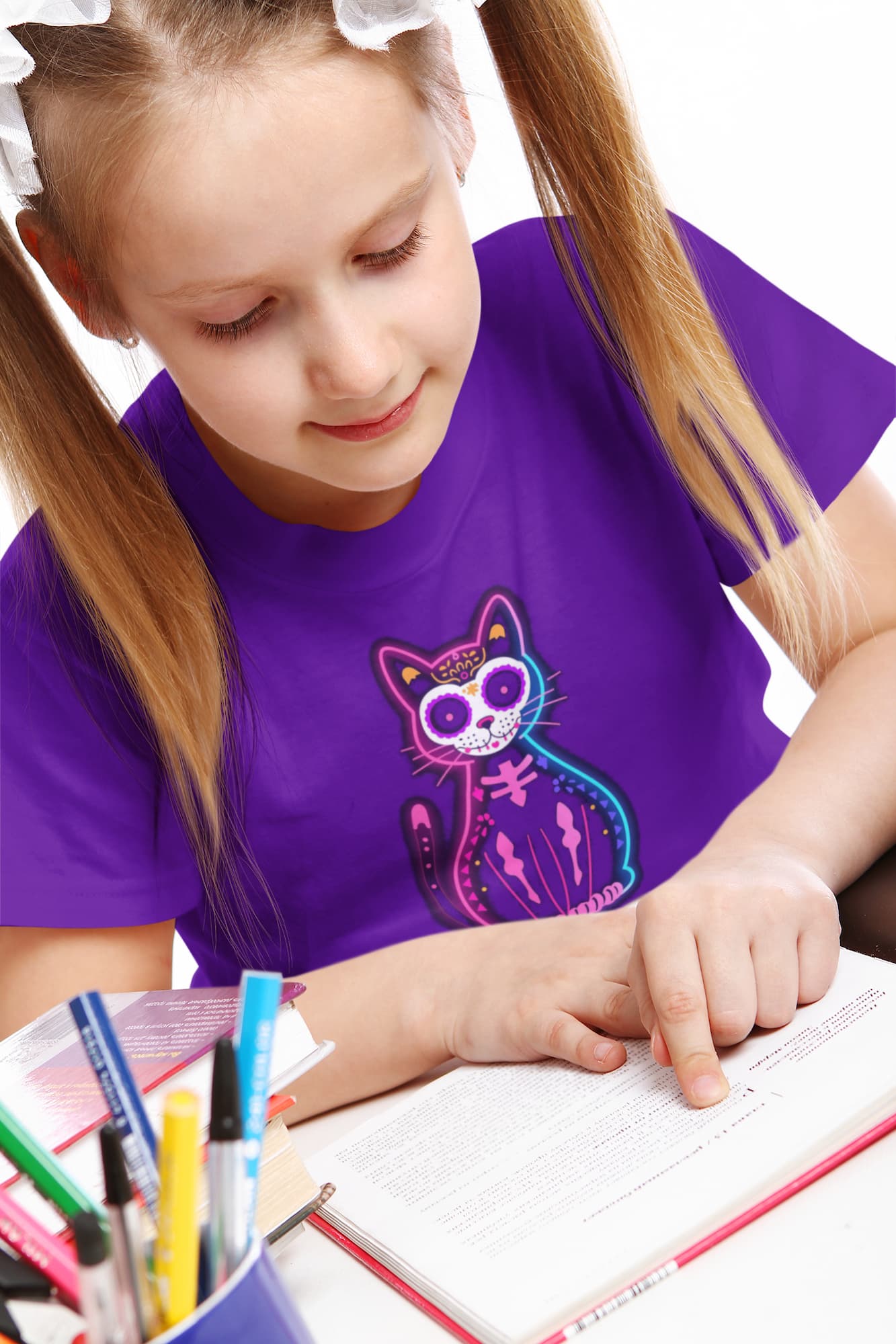 Woman styling Muertos Neon T-Shirt – colorful Día de los Muertos cat design with retro neon aesthetic.