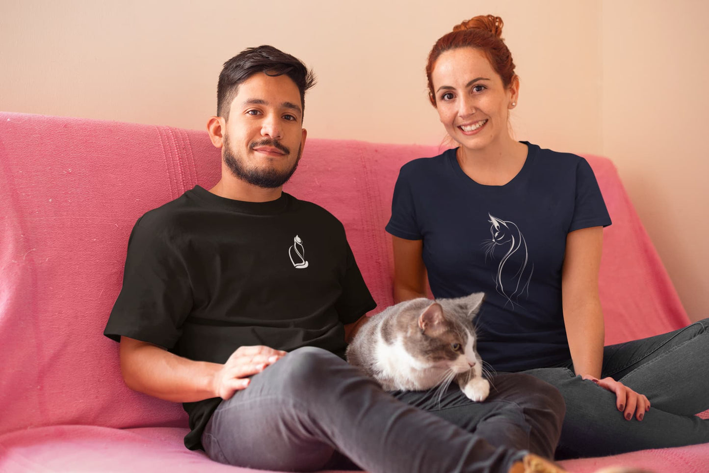 Model wearing Noir Paws unisex t-shirt with stylish minimalist feline silhouette