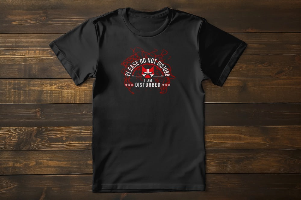 I Am Disturbed Funny Cat Humor T-Shirt – unisex premium tee featuring minimalist grumpy cat graphic with witty text