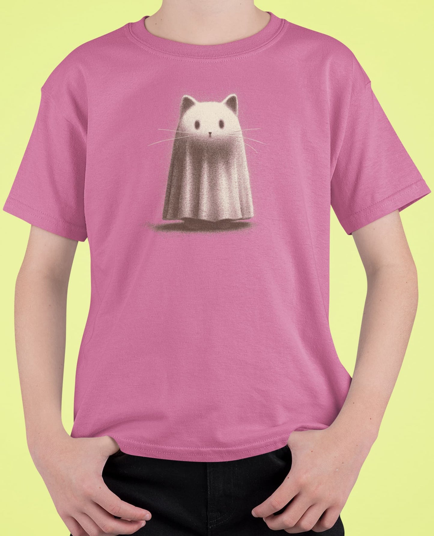 Close-up of Kawaii Ghost T-Shirt print – ghost cat with ears and whiskers in graphite sketch style, vintage monochrome look.