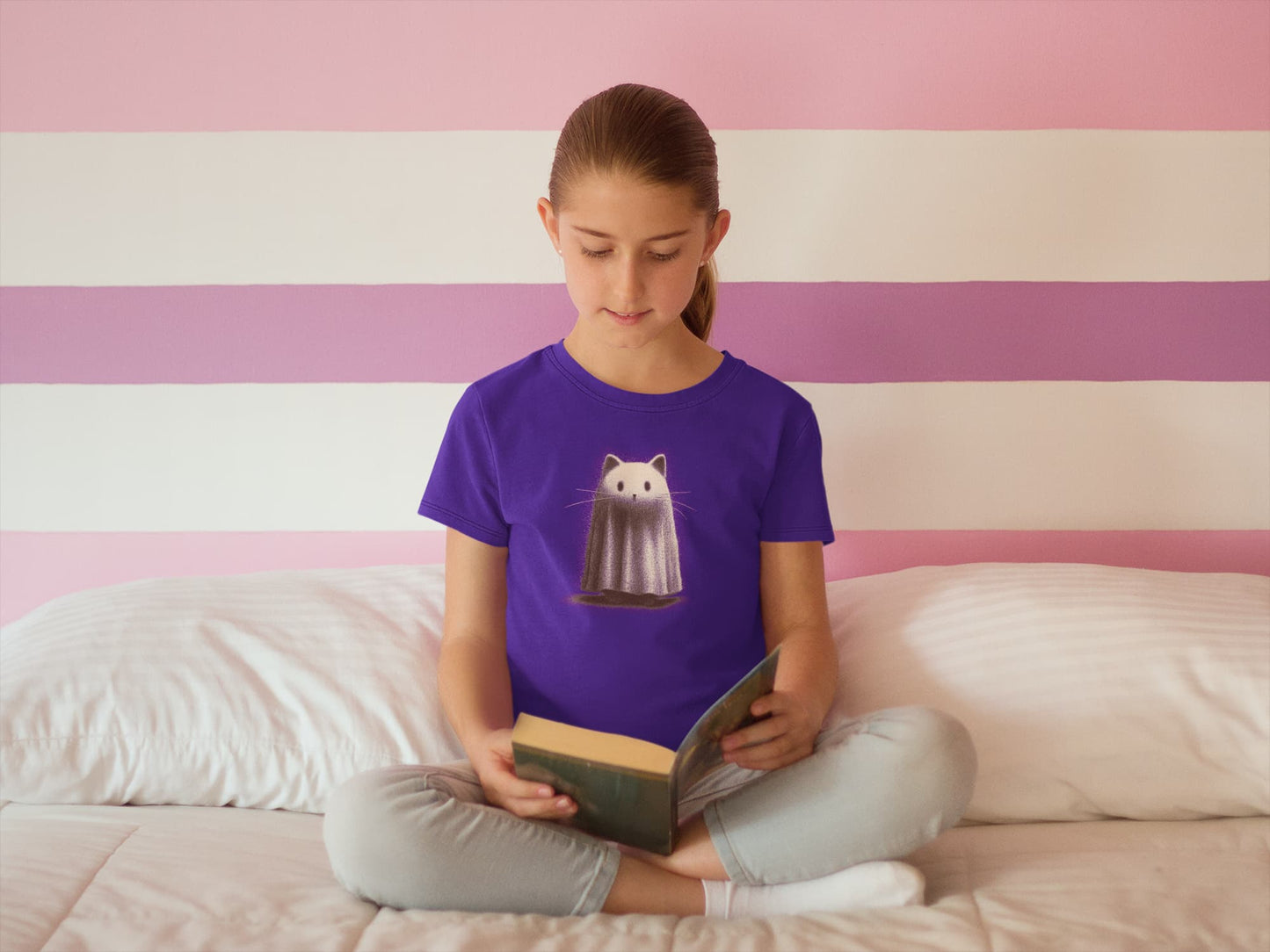 Child styling Kawaii Ghost T-Shirt – spooky yet kawaii ghost cat design with vintage artistic texture, perfect for Halloween.