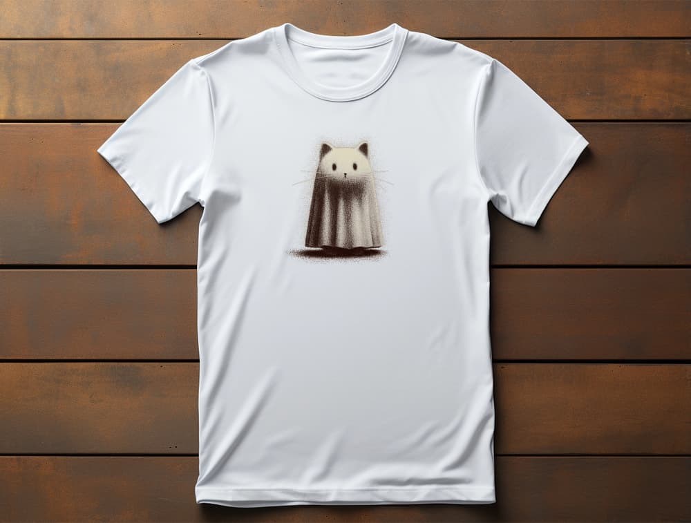 Kawaii Ghost Kids T-Shirt – classic fit featuring cute ghost cat with ears and whiskers, vintage monochrome sketch design.