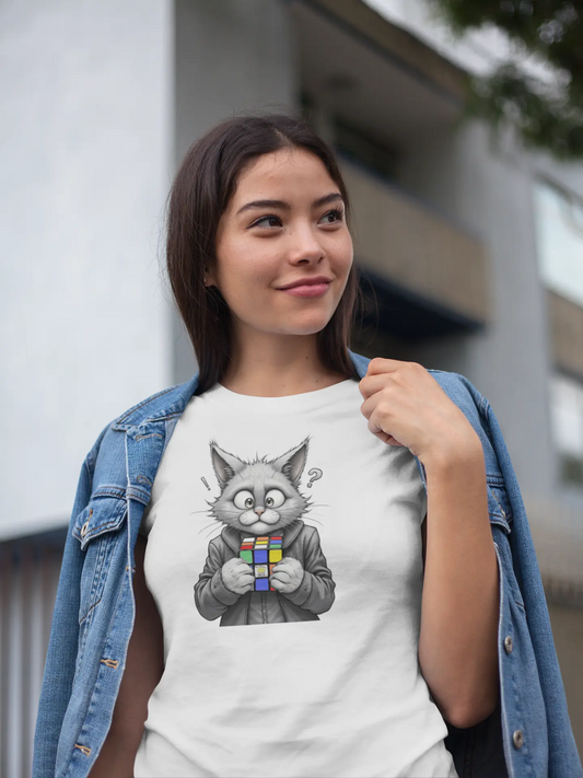 Model wearing Cubecat Funny Cat & Rubik’s Cube T-Shirt – unisex premium tee with curious cat staring at puzzle cube