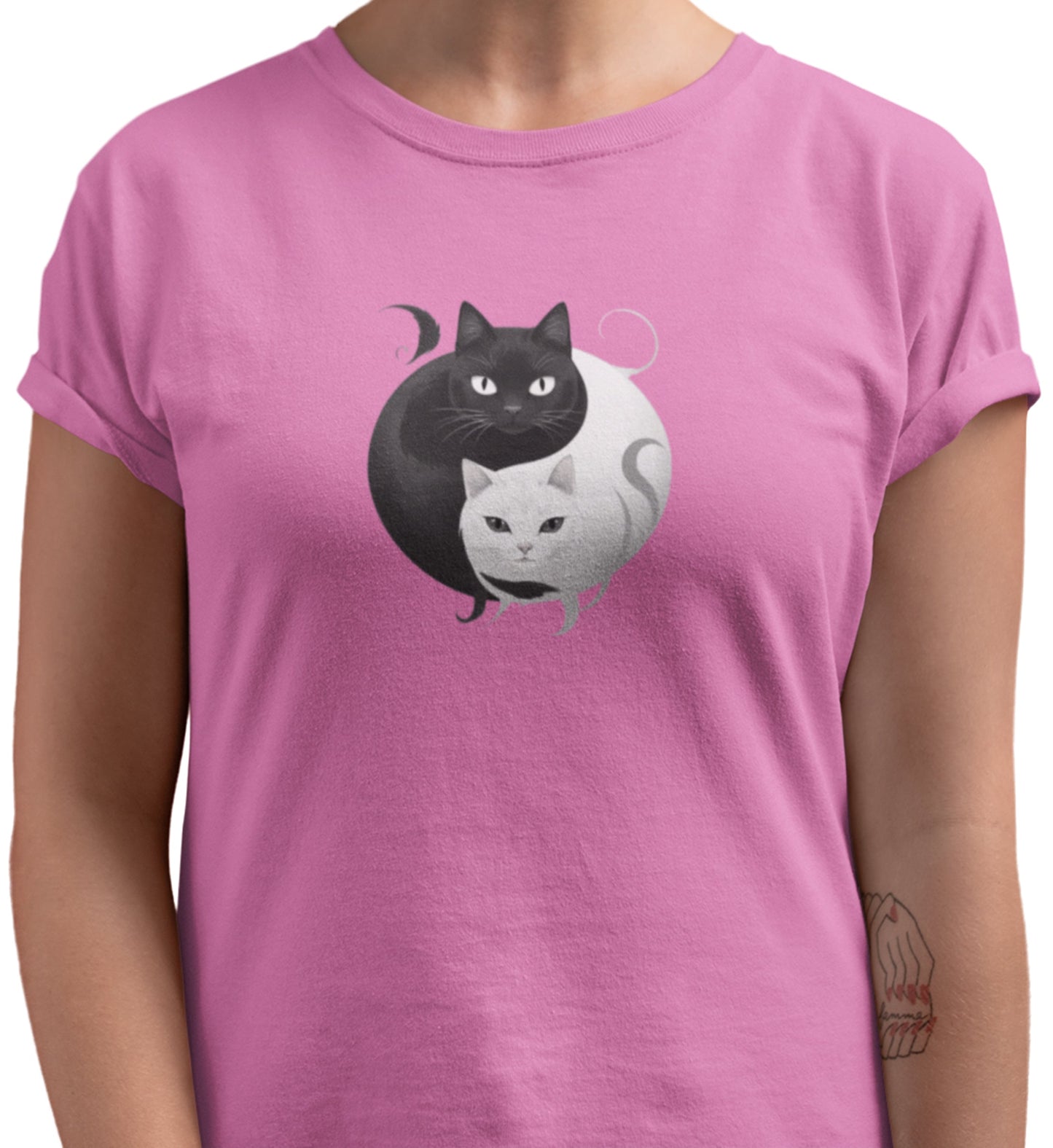 Close-up of Yin Yang Cat t-shirt print showing intertwined black and white cats in yin yang style