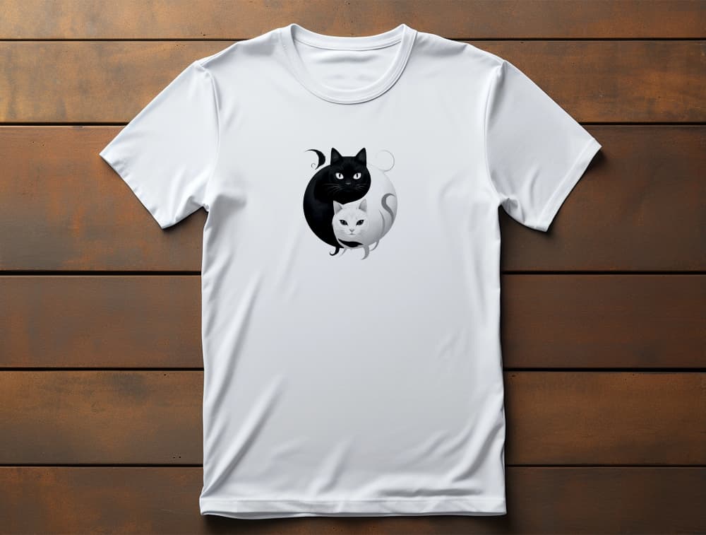 Flat lay of Yin Yang Cat t-shirt featuring symbolic black and white feline artwork