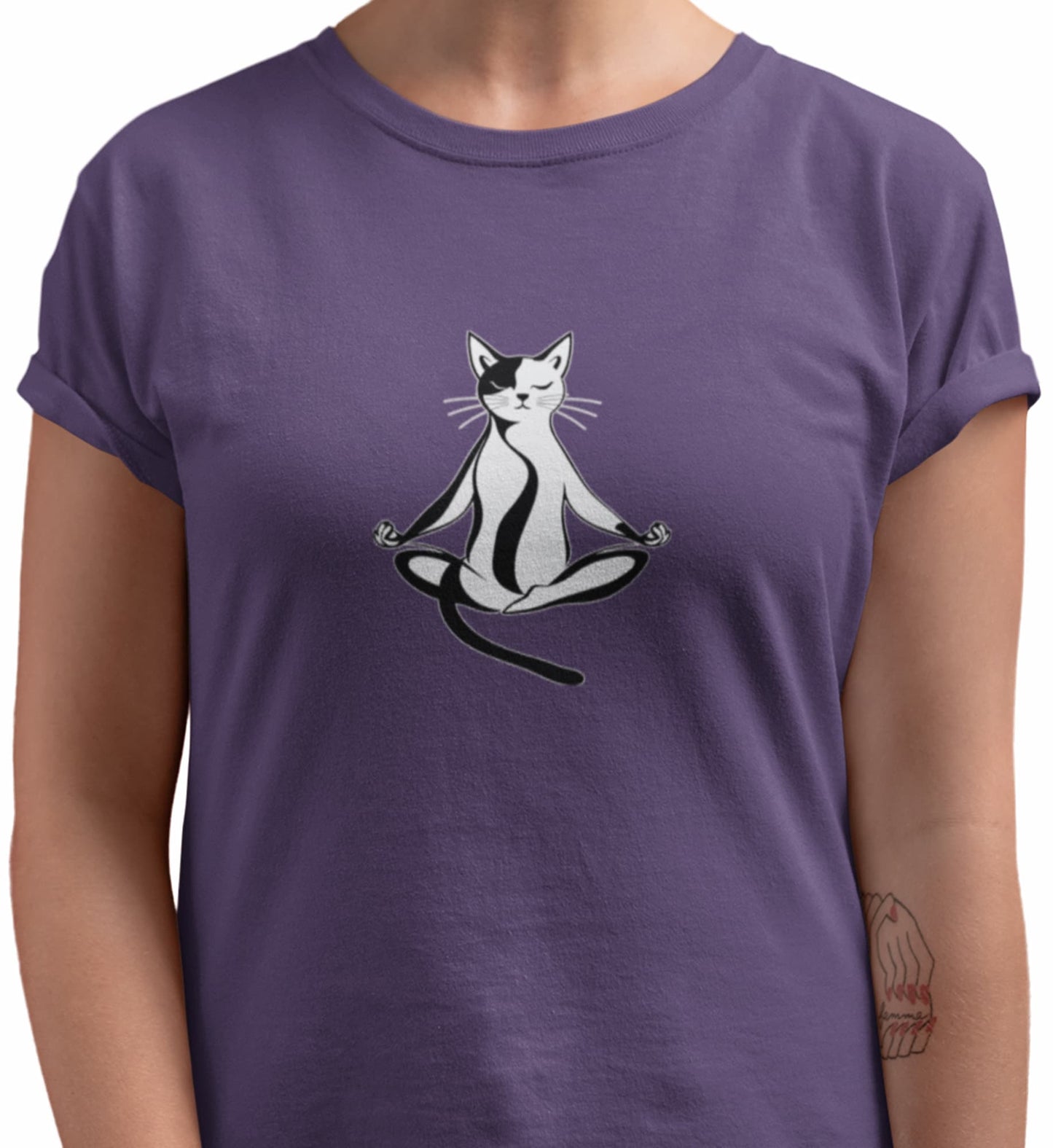 Close-up of Padmasana Yoga Cat t-shirt print showing elegant feline in Padmasana meditation pose