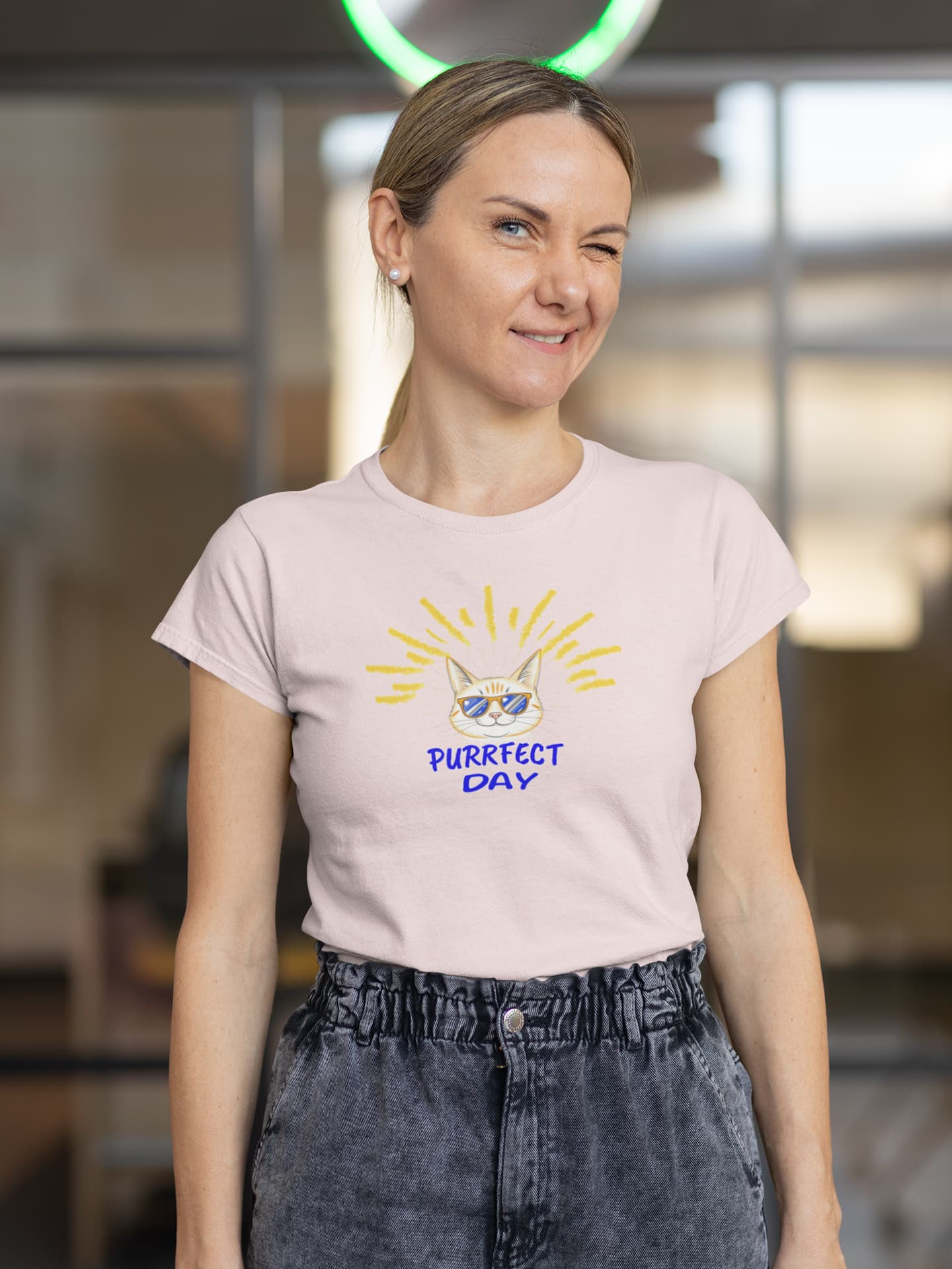 Casual summer outfit with Purrfect Day Cool Cat T-Shirt – playful unisex tee for cat lovers and sunny vibes.