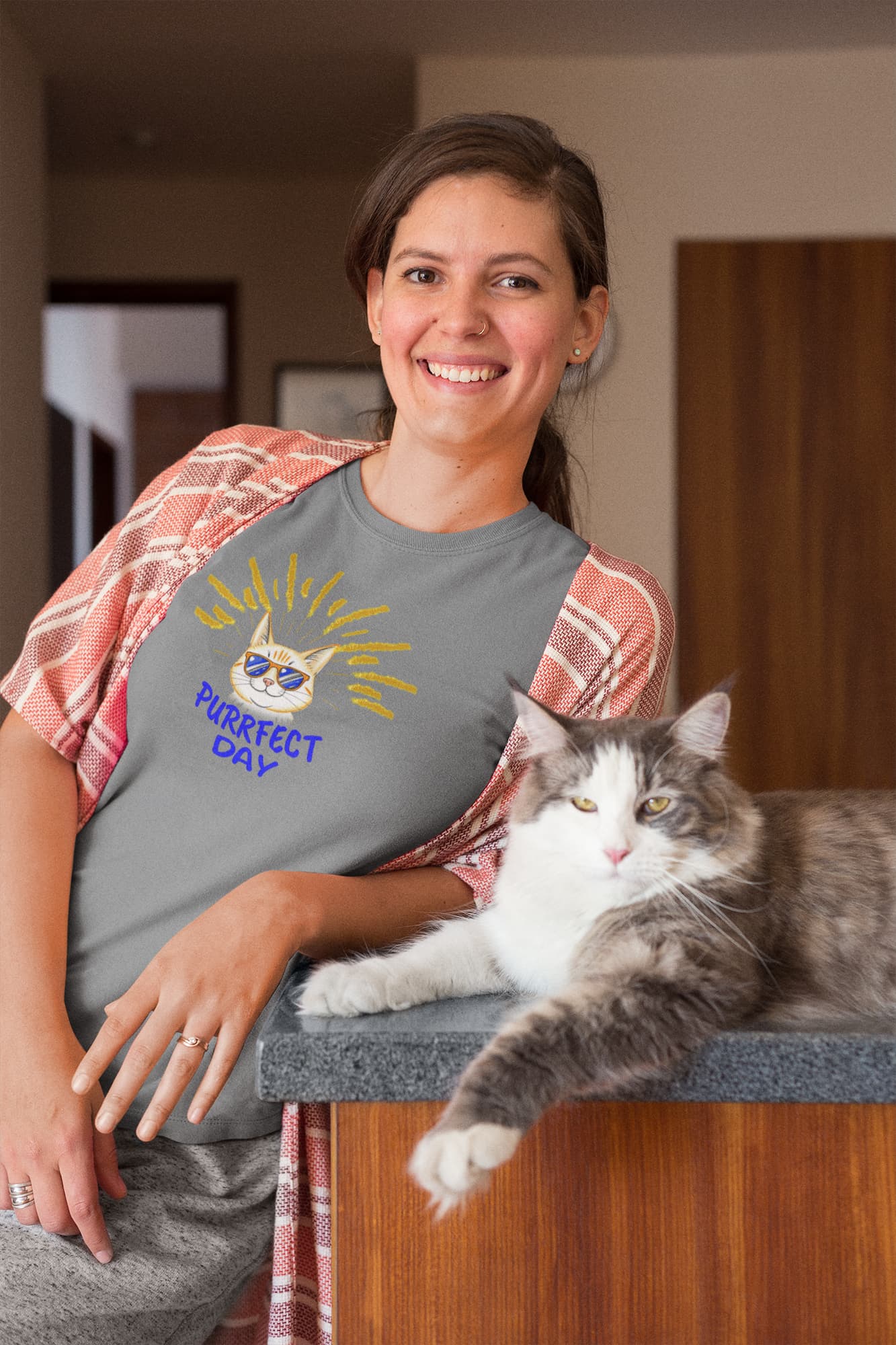 Casual summer outfit with Purrfect Day Cool Cat T-Shirt – playful unisex tee for cat lovers and sunny vibes.