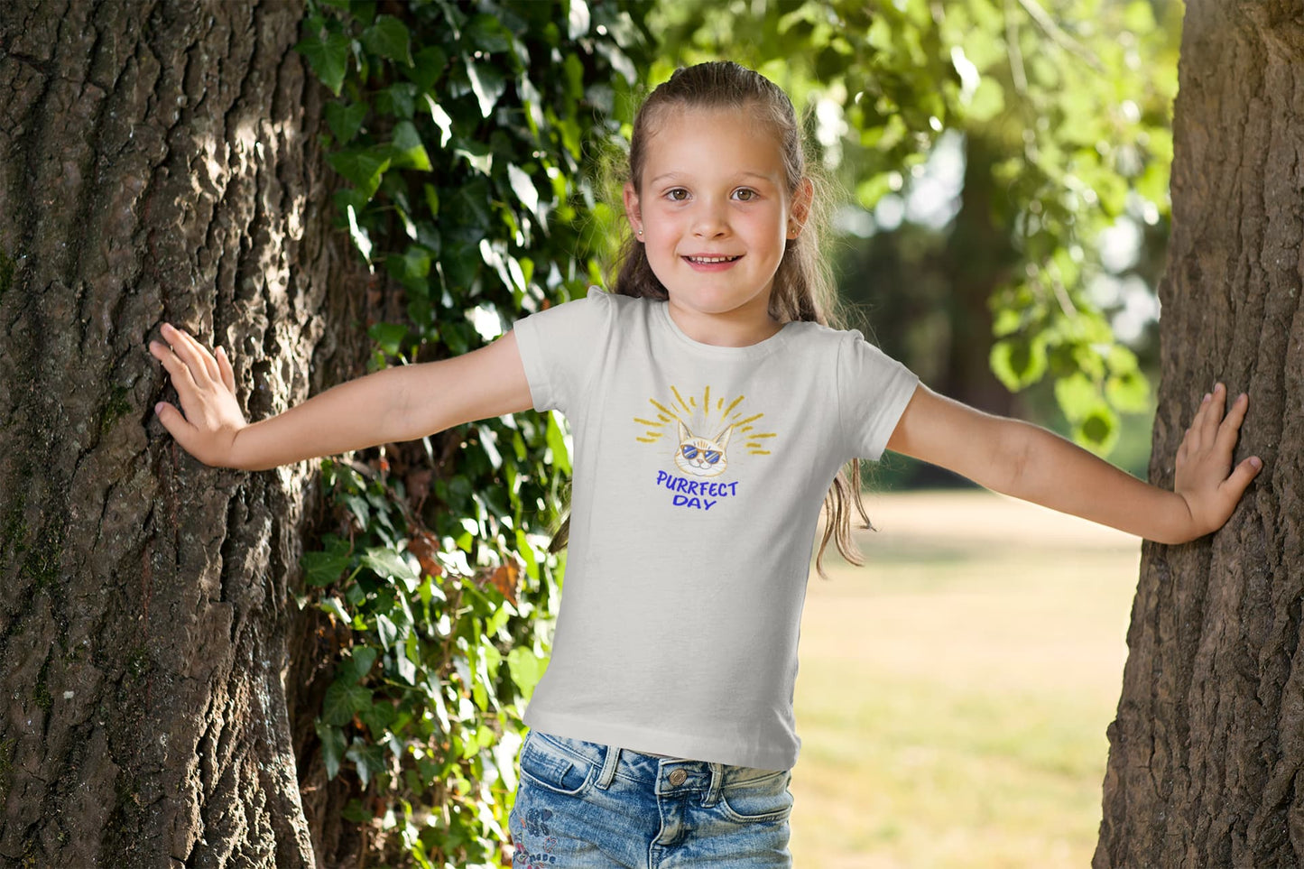 Casual summer outfit with Purrfect Day Cool Cat T-Shirt β playful unisex tee for cat lovers and sunny vibes.