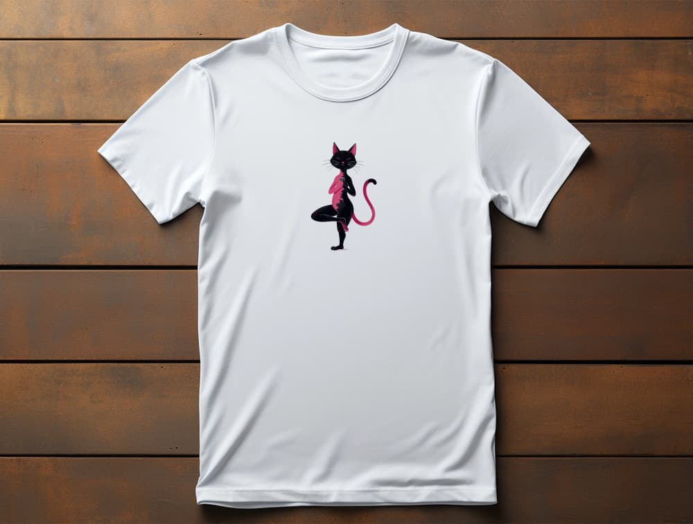 Flat lay of Vrkasana Yoga Cat t-shirt with artistic pink and black line art of a cat in Vrkasana pose