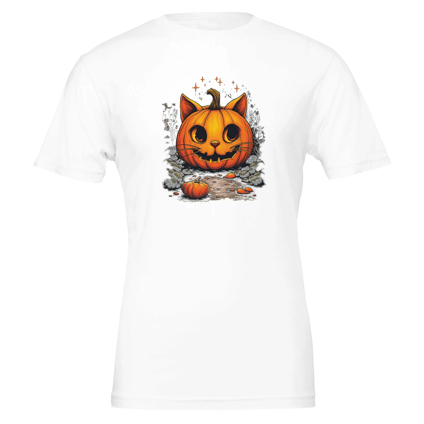 Flat lay of classic women’s Cat-O’-Lantern Kittycat t-shirt featuring pumpkin cat face with ears, whiskers, and cozy smile