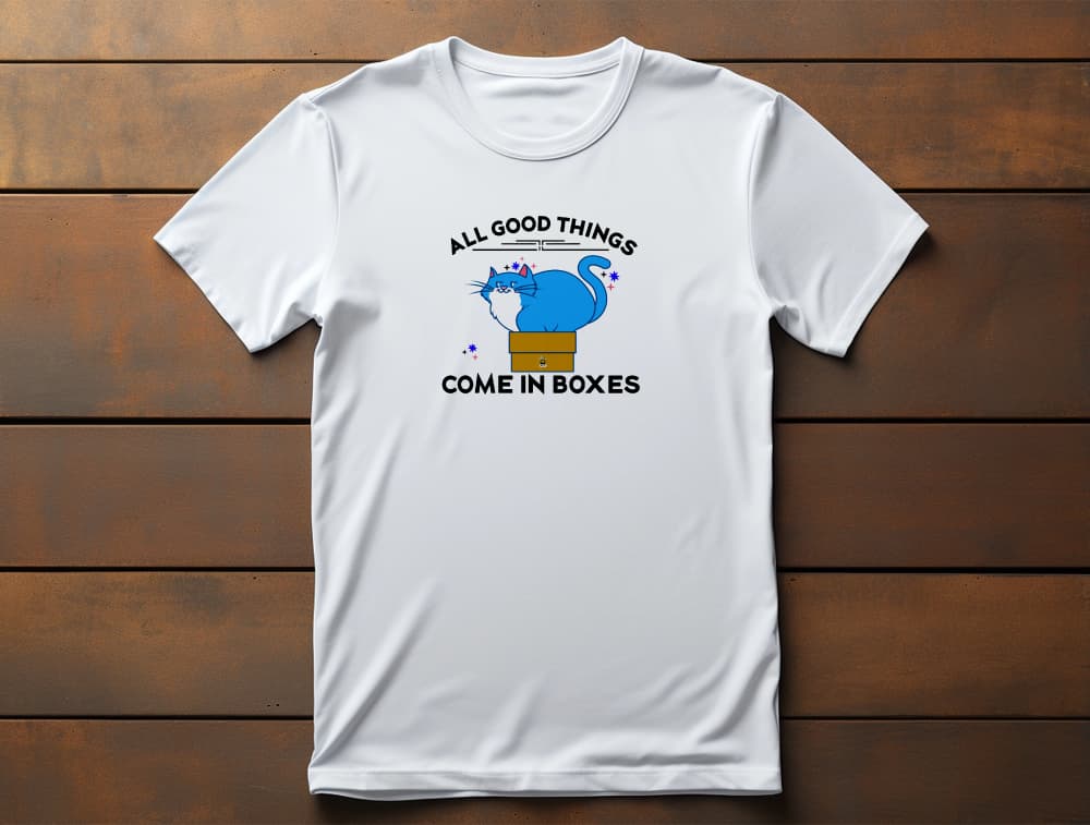 Box Life Cat T-Shirt – playful design of a fat cat in a tiny cardboard box, funny unisex graphic shirt.