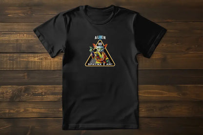 Flat lay of the 'I Am Sphynx, Not Alien - The Galactic Hairless’ T-shirt showing the detailed artwork of a Sphynx cat inspired by galactic themes and pop culture aesthetics.