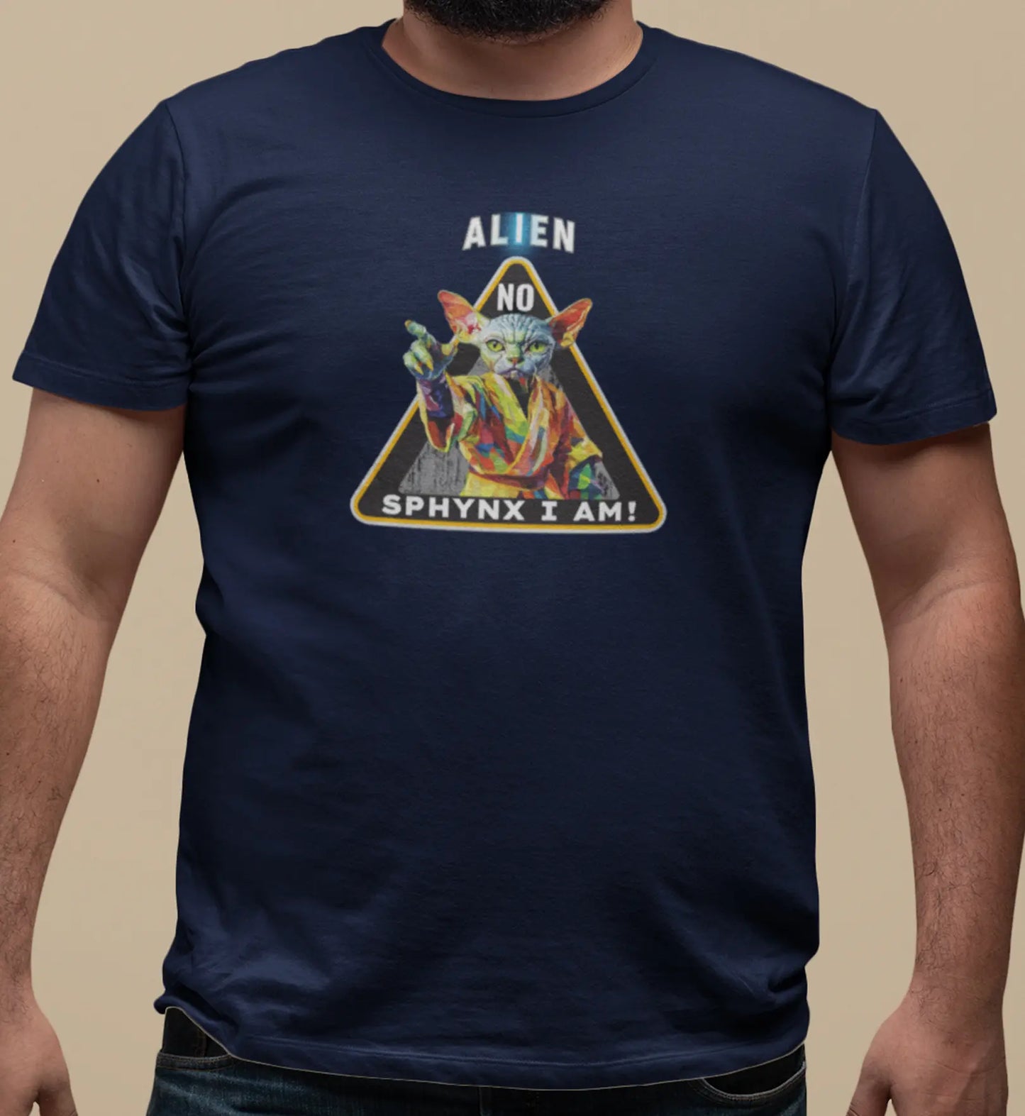 Close-up of the 'I Am Sphynx, Not Alien - The Galactic Hairless’ T-shirt print highlighting the intricate sci-fi details and expressive features of the Sphynx cat illustration.