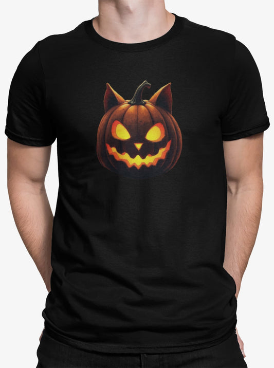 Close-up of Cat-O’-Lantern Tomcat t-shirt print showing pumpkin texture, cat ears, and glowing yellow eyes