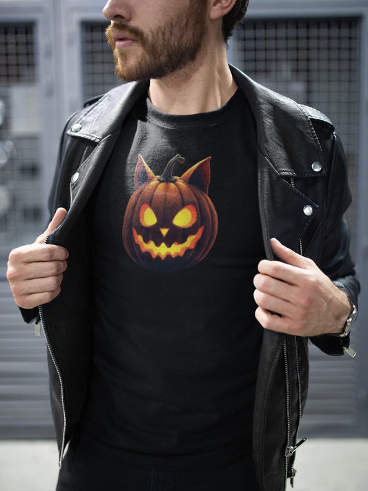 Mockup of unisex premium Cat-O’-Lantern Tomcat t-shirt with funny Halloween pumpkin cat design by Felinamia