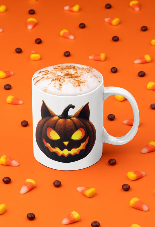 11oz ceramic mug Cat-O’-Lantern Tomcat – funny pumpkin cat design for Halloween, part of Felinamia’s Meowlloween collection.
