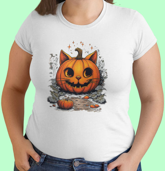Cat-O’-Lantern Kittycat T-Shirt – Cute Halloween Pumpkin Cat Design (Unisex Premium) Plus Felinamia