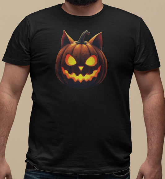 Close-up of Cat-O’-Lantern Tomcat t-shirt print showing pumpkin texture, cat ears, and glowing yellow eyes