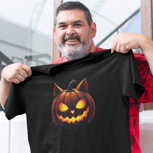 Mockup of unisex premium Cat-O’-Lantern Tomcat t-shirt with funny Halloween pumpkin cat design by Felinamia