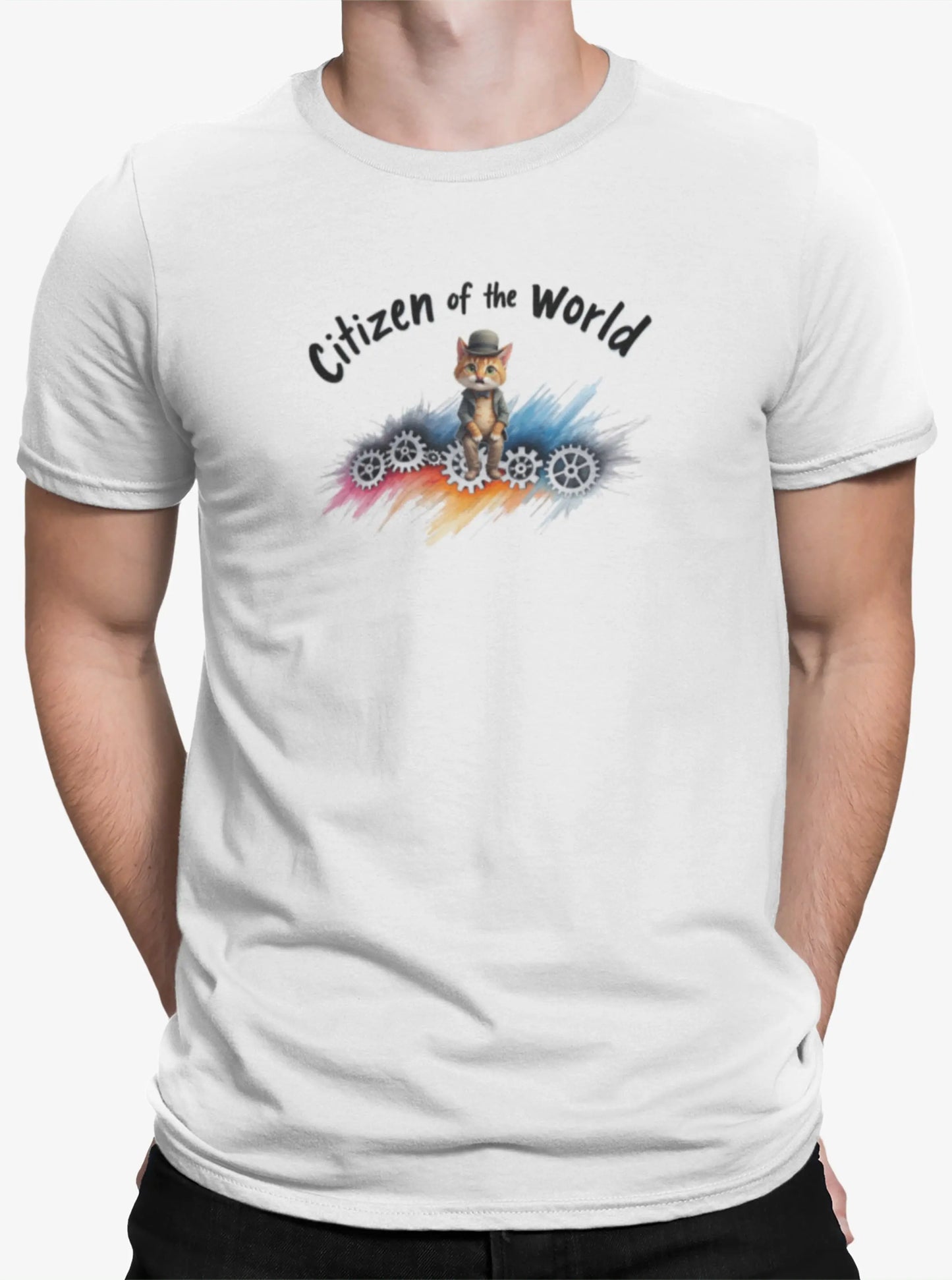 Close-up of Citizen of the World design – black and white minimalist cat inspired by Charlie Chaplin’s Modern Times, symbolizing humor and timeless style.