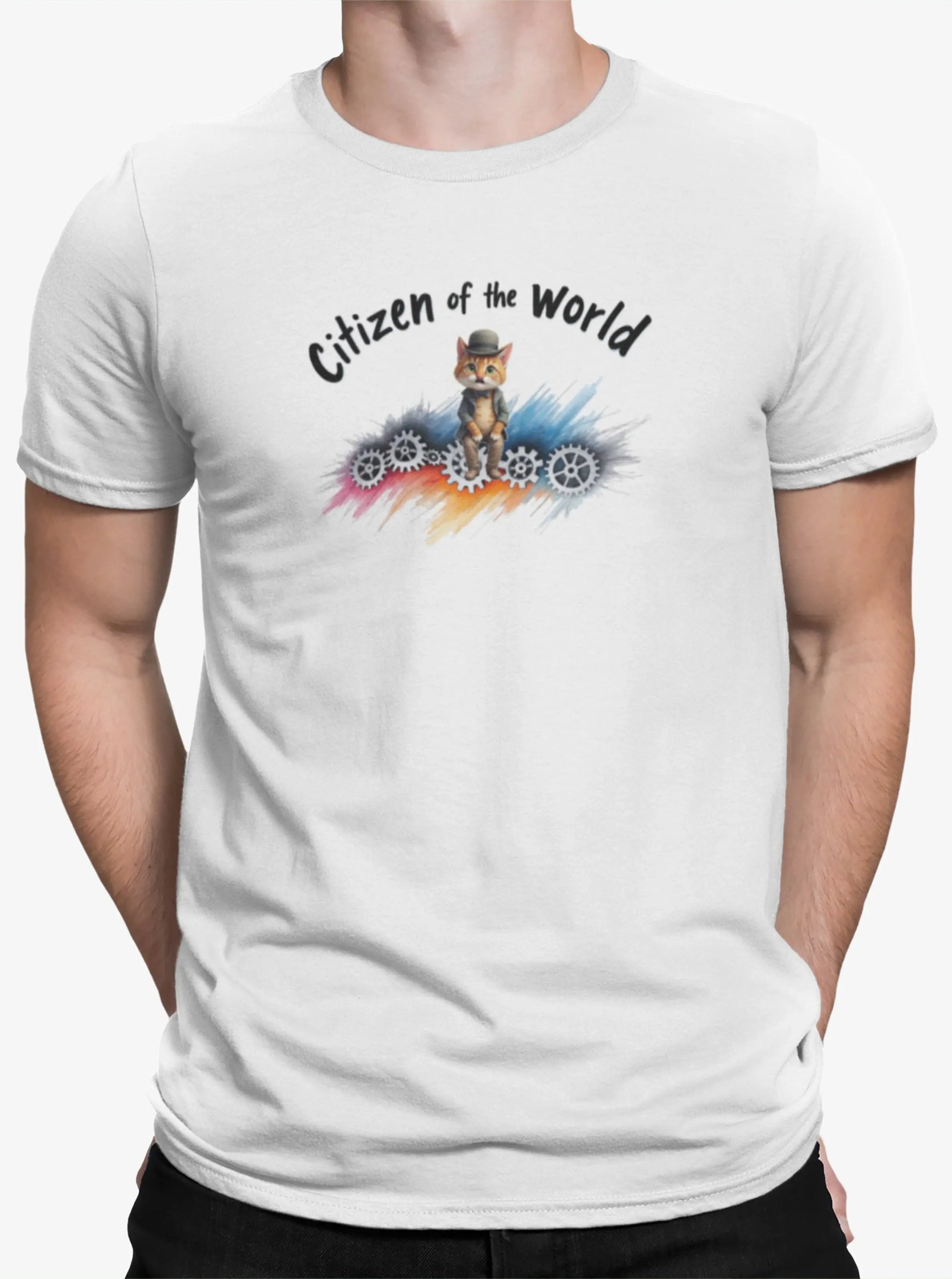 Close-up of Citizen of the World design – black and white minimalist cat inspired by Charlie Chaplin’s Modern Times, symbolizing humor and timeless style.