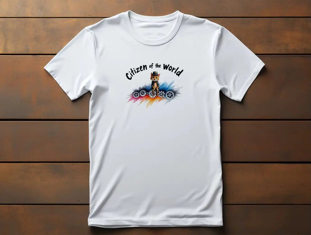 Citizen of the World T-Shirt – minimalist unisex premium cat shirt blending vintage Chaplin style with modern humor and global charm.