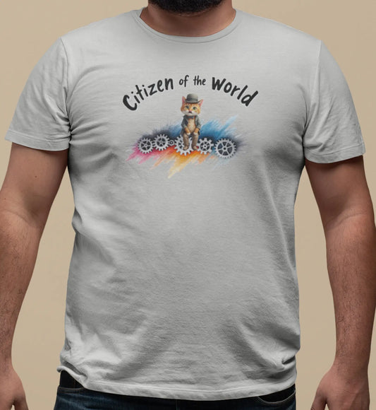 Close-up of Citizen of the World design – black and white minimalist cat inspired by Charlie Chaplin’s Modern Times, symbolizing humor and timeless style.