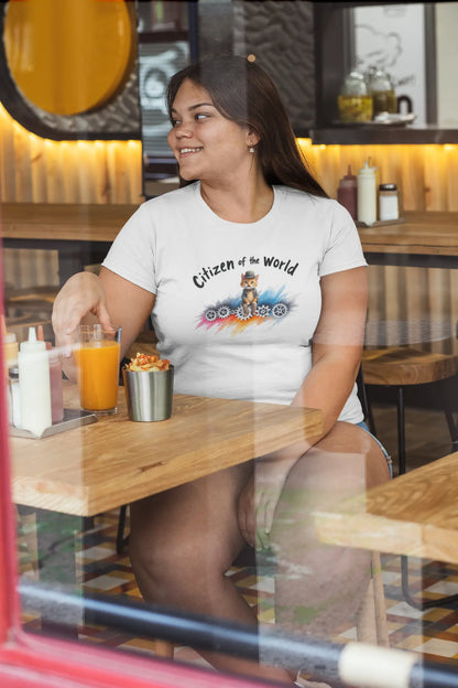 Person wearing Citizen of the World unisex T-shirt – vintage-style cat design inspired by Chaplin’s Modern Times, perfect for art and cat lovers.