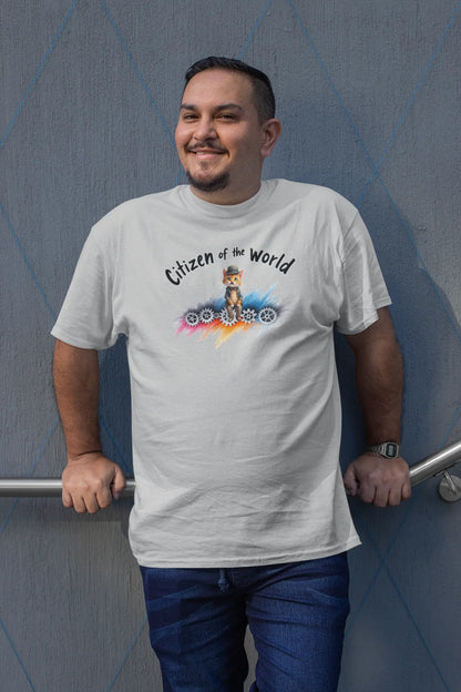 Model wearing Citizen of the World T-Shirt – unisex premium tee featuring a cat in a bowler hat and tie, inspired by Chaplin’s Modern Times with a feline twist.
