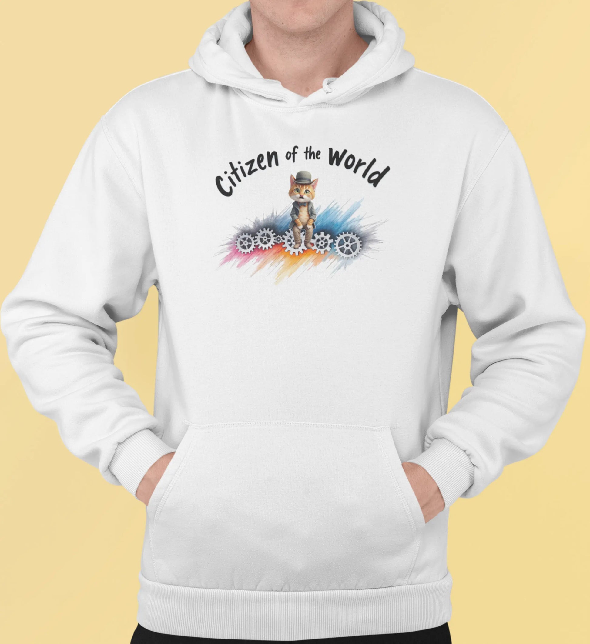 Close-up of Citizen of the World design – black and white minimalist cat inspired by Charlie Chaplin’s Modern Times, symbolizing humor and timeless style.