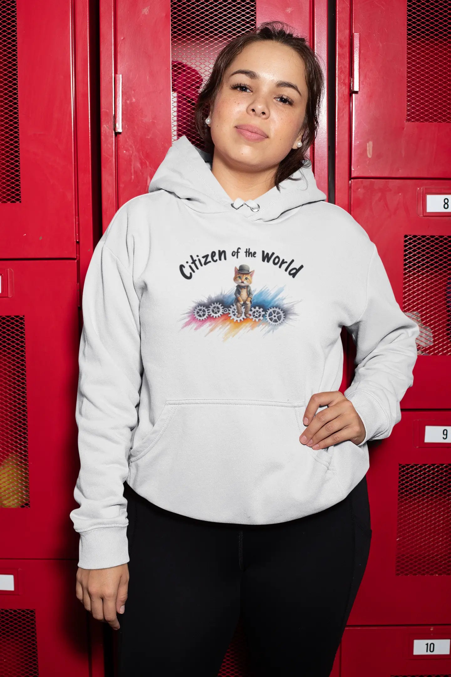 Person wearing Citizen of the World unisex Hoodie – vintage-style cat design inspired by Chaplin’s Modern Times, perfect for art and cat lovers.