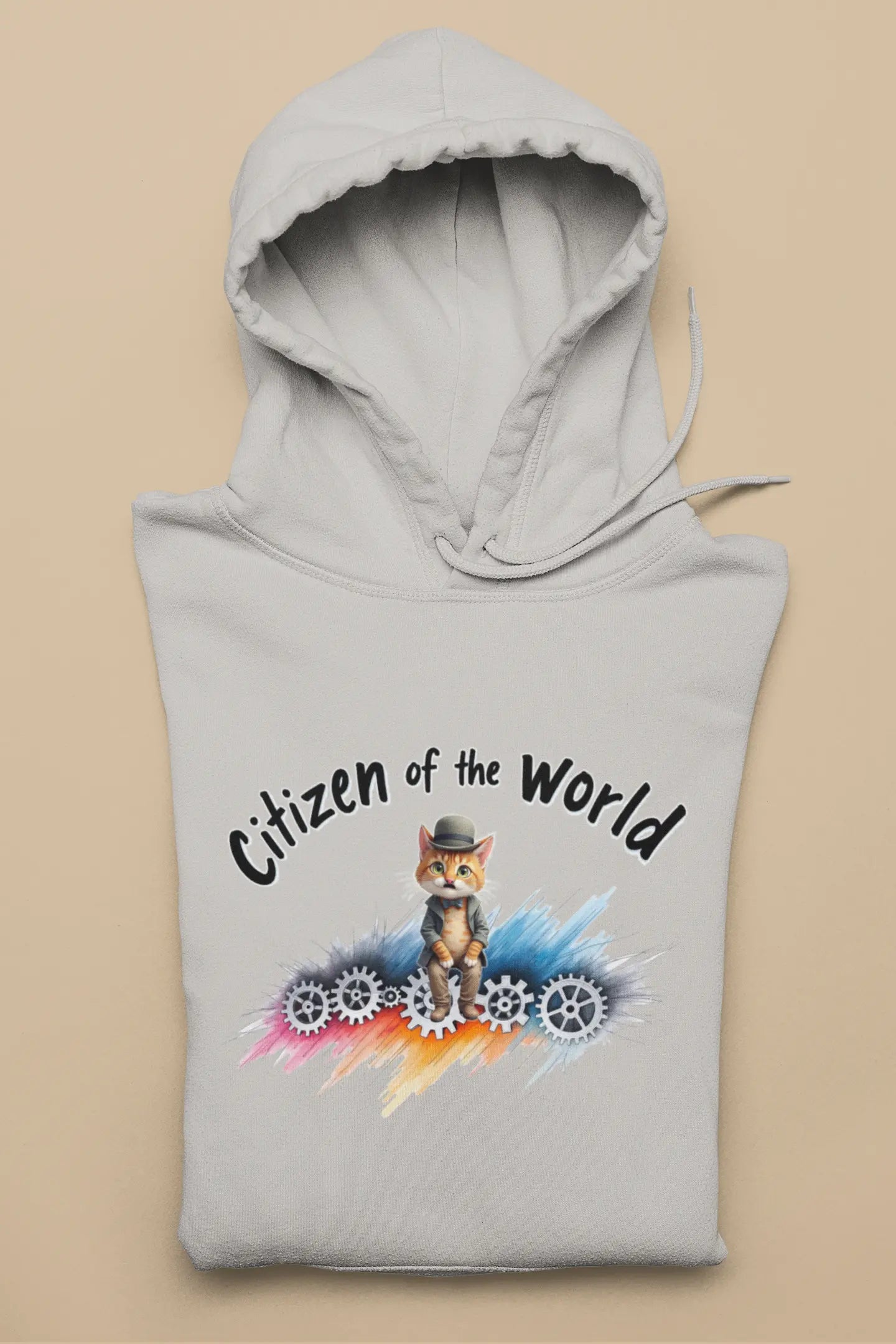 Citizen of the World Hoodie – minimalist unisex premium cat shirt blending vintage Chaplin style with modern humor and global charm.
