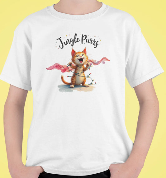 Close-up of Jingle Purrs print – cheeky orange cat grinning amid Christmas lights on festive cat lover shirt.