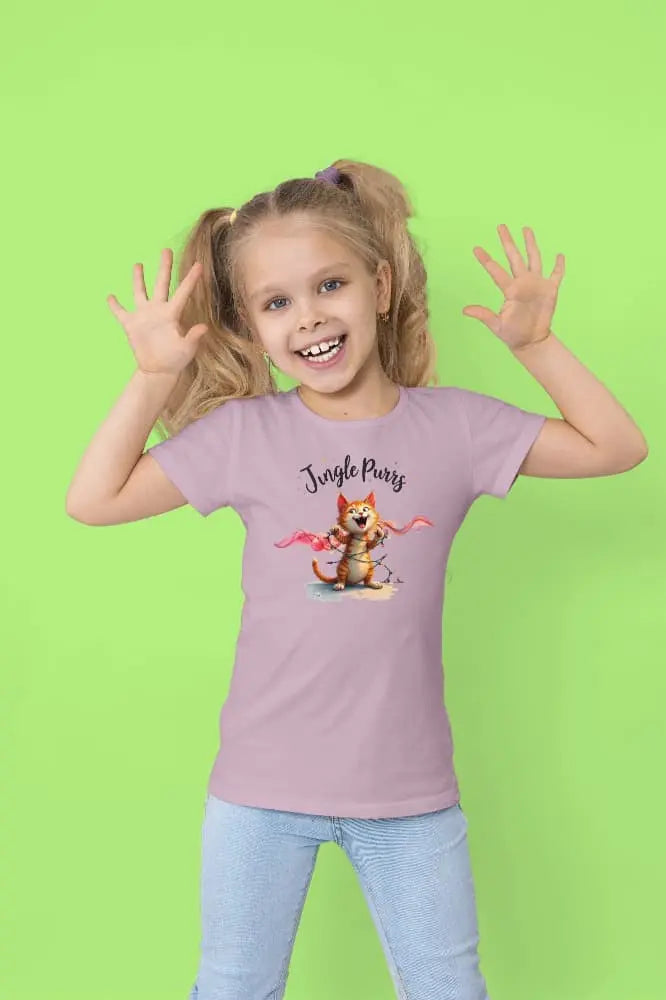 Person wearing Jingle Purrs T-Shirt at holiday party – playful Christmas cat design full of humor and cozy festive vibes.