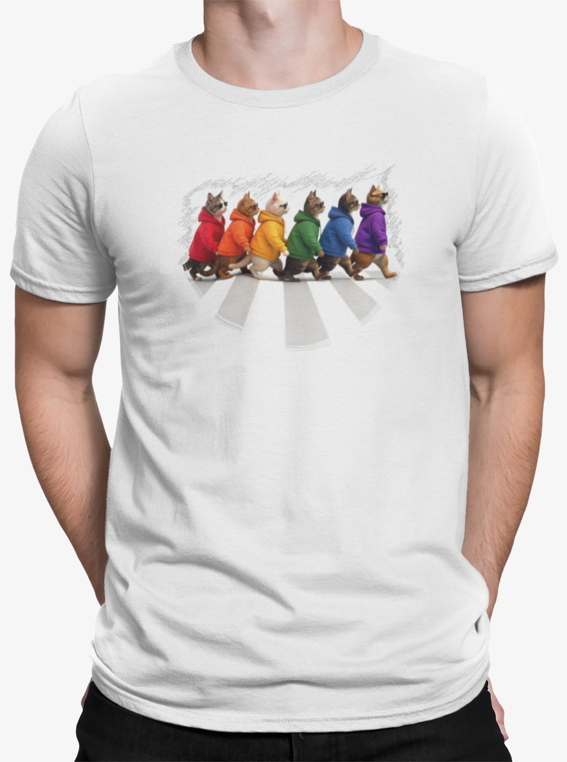 Close-up of Here Come the Cats design – six cats walking in line across a crosswalk, inspired by the Beatles’ Abbey Road with a modern feline twist.