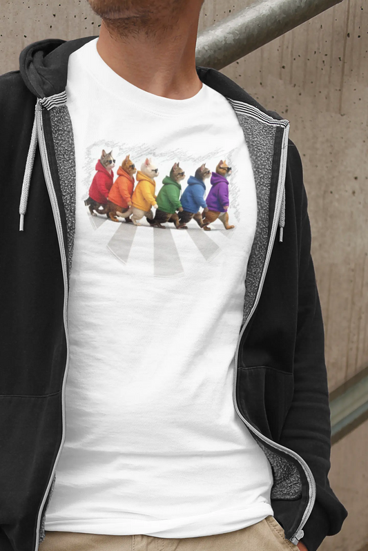 Model wearing Here Come the Cats T-Shirt – unisex premium tee featuring six stylish cats walking across an Abbey Road-inspired crosswalk.