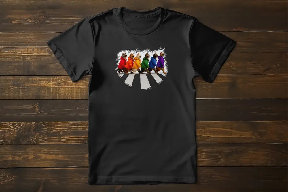 Here Come the Cats T-Shirt – unisex premium shirt with colorful cat parade design inspired by Abbey Road, fun and artistic feline tribute.