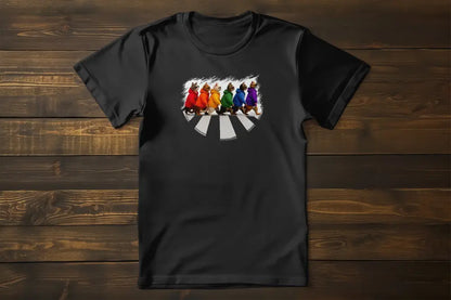 Here Come the Cats T-Shirt – unisex premium shirt with colorful cat parade design inspired by Abbey Road, fun and artistic feline tribute.