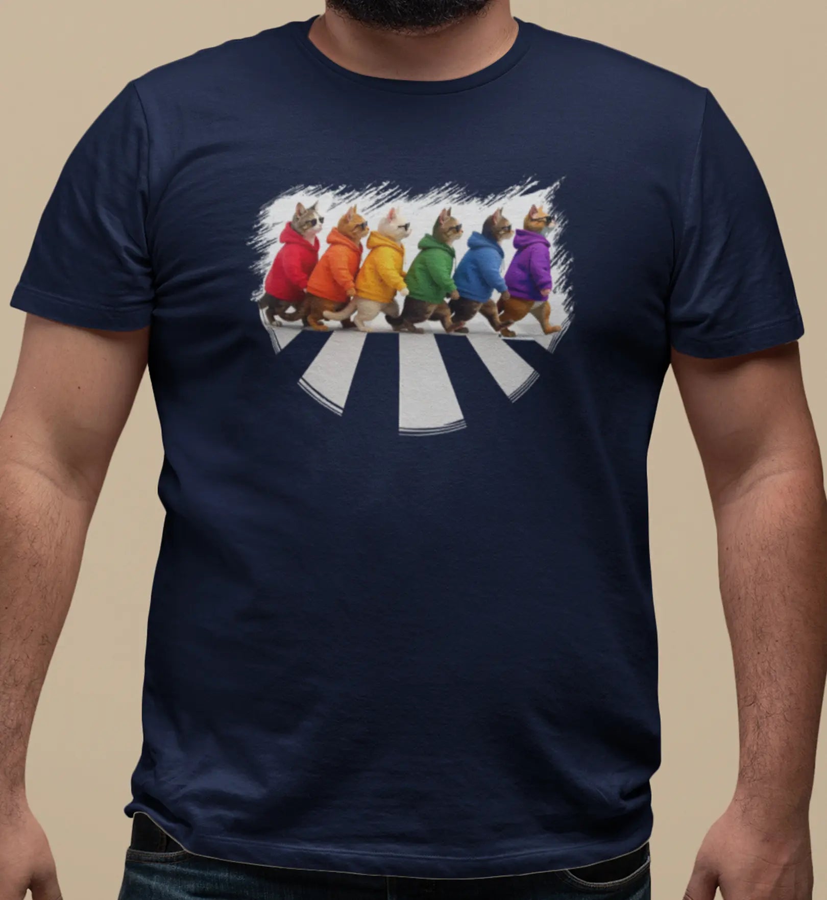 Close-up of Here Come the Cats design – six cats walking in line across a crosswalk, inspired by the Beatles’ Abbey Road with a modern feline twist.