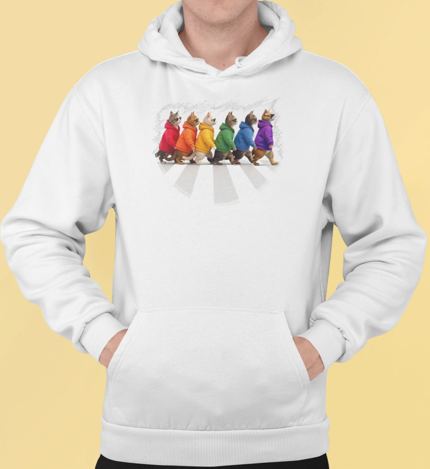 Close-up of Here Come the Cats design – six cats walking in line across a crosswalk, inspired by the Beatles’ Abbey Road with a modern feline twist.