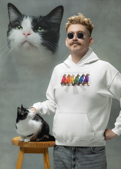 Model wearing Here Come the Cats Hoodie – unisex premium tee featuring six stylish cats walking across an Abbey Road-inspired crosswalk.
