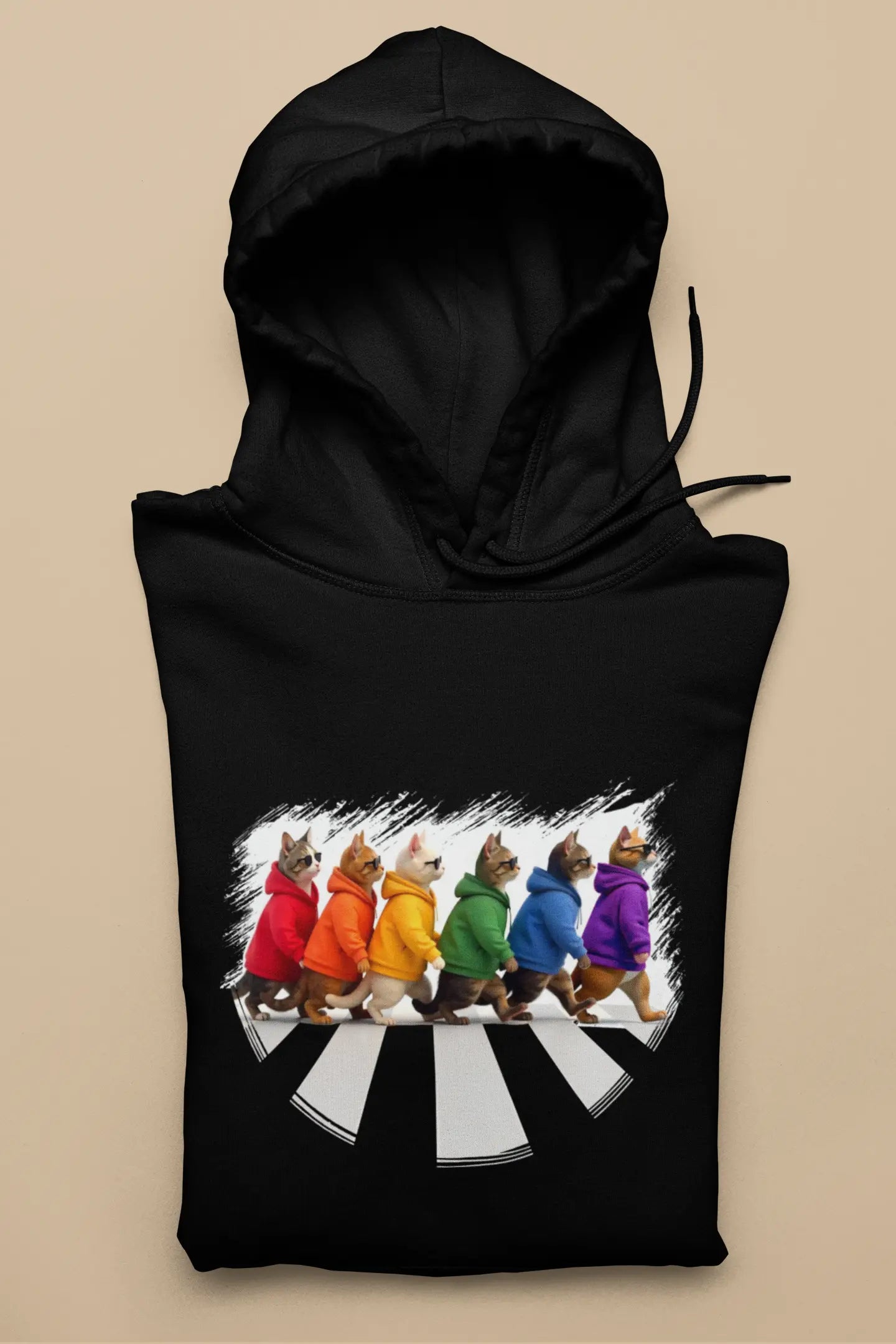 Here Come the Cats Hoodie – unisex premium shirt with colorful cat parade design inspired by Abbey Road, fun and artistic feline tribute.