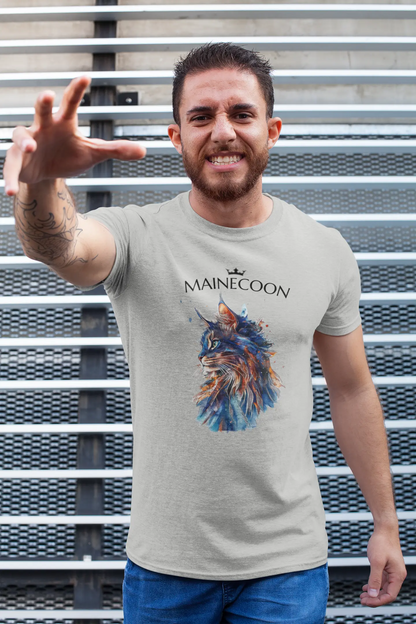 Model wearing the 'Majestic Mane – The Maine Coon Edition' T-shirt with a graceful, artistic cat portrait that celebrates the noble presence of the Maine Coon.