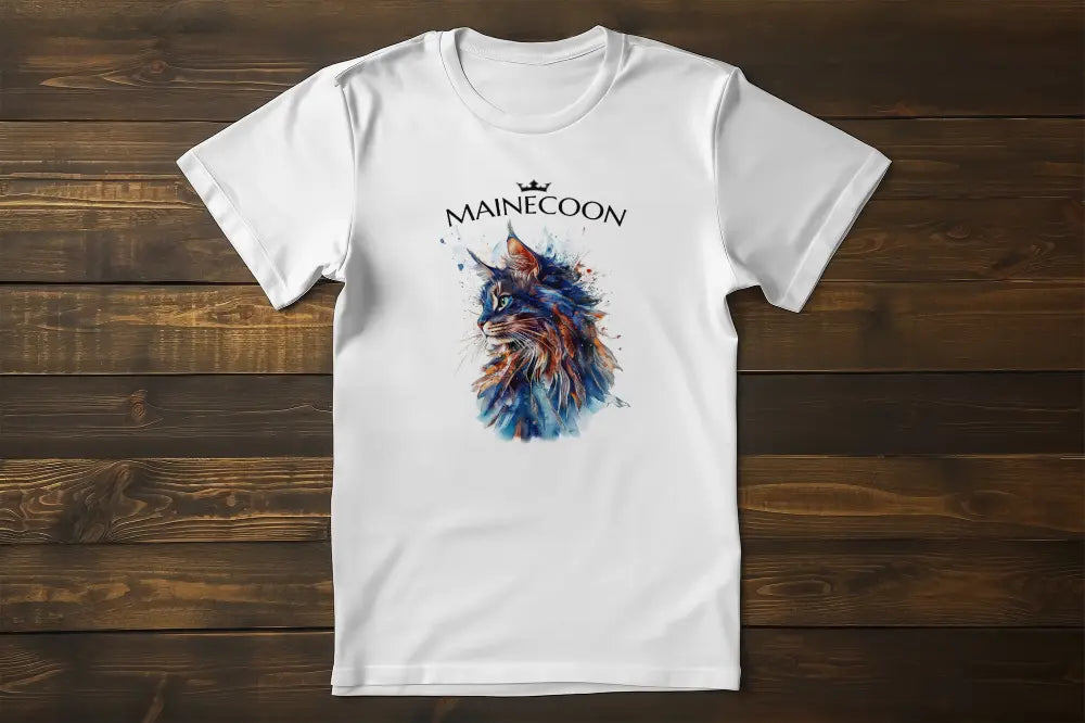 Flat lay of the 'Majestic Mane – The Maine Coon Edition' T-shirt showing a minimalist, elegant Maine Coon design with fluid blue and brown brushwork.