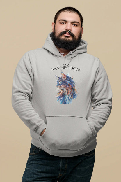 Model wearing the 'Majestic Mane – The Maine Coon Edition' Hoodie with a graceful, artistic cat portrait that celebrates the noble presence of the Maine Coon.