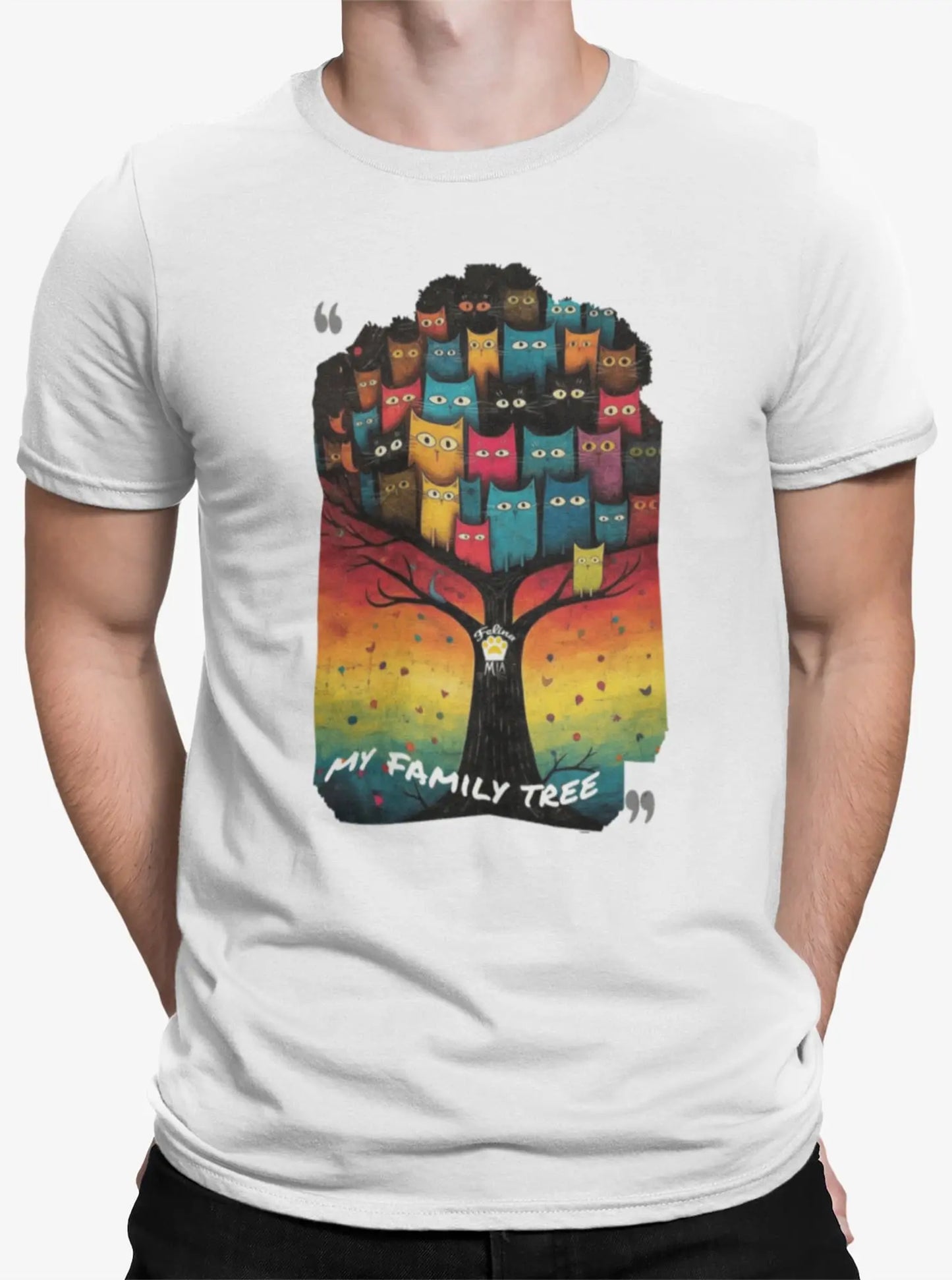Close-up of My Family Tree t-shirt design highlighting colorful cats of various shapes and shades arranged like a family tree