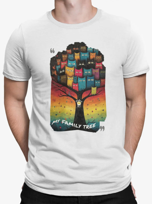 Close-up of My Family Tree t-shirt design highlighting colorful cats of various shapes and shades arranged like a family tree